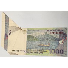 INDONESIA 2000 . ONE THOUSAND 1,000 RUPIAH BANKNOTE . ERROR . MISCUT FLAPS and FOLDS